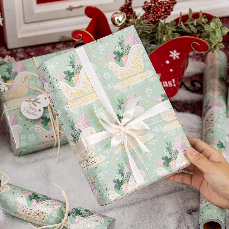 Retrify Light Green Wrapping Paper Roll - Metallic Gold Foil Cute Sleigh Carrying Gift Box Pattern Mini Roll Gift Wrap Paper for Christmas Holiday Festive Decoration - 17 Inches x 32.8 Feet - Image 2
